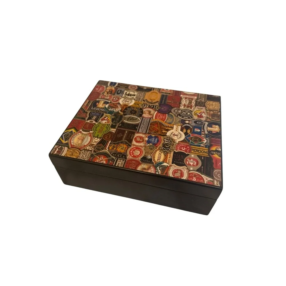 Vintage Wooden Decorative Box With Colorful Label Collage Design